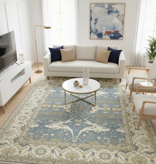 Muted Blue-gray Floral Transitional 12X15 Oushak Oriental Rug