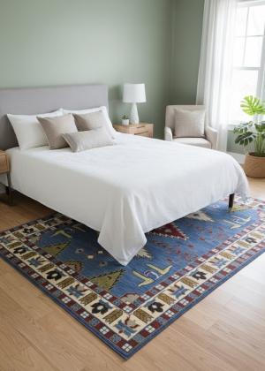 6'0 x 8'11 Hand Knotted Kazak Blue Geometric Wool Rug