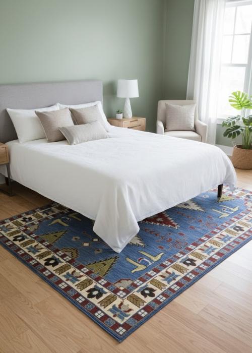 6'0 x 8'11 Hand Knotted Kazak Blue Geometric Wool Rug