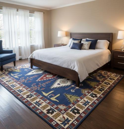 6'0 x 8'11 Hand Knotted Blue Geometric Kazak Wool Rug