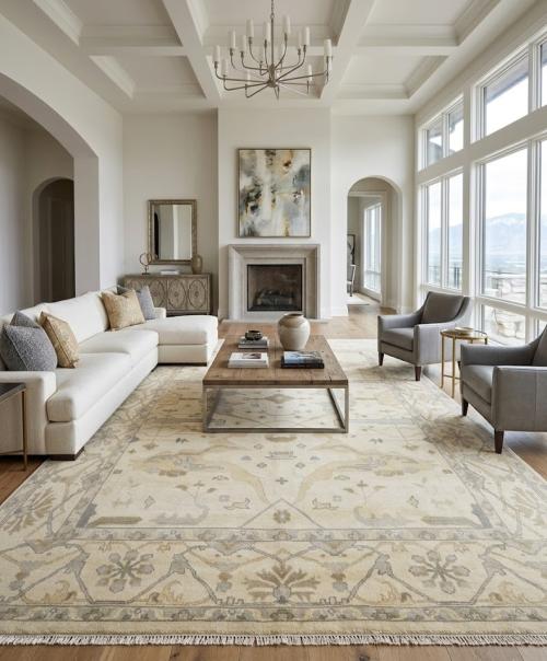 10'2 x 13'9 Hand Knotted Oushak Floral Muted Beige Wool Rug