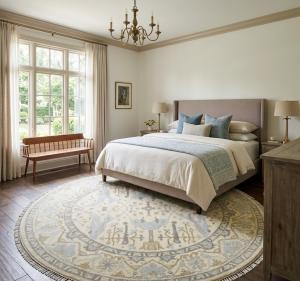 7'11 x 7'11 Hand Knotted Transitional Oushak Wool Round Rug