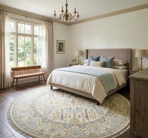 7'11 x 7'11 Hand Knotted Transitional Oushak Wool Round Rug