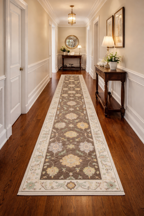 Muted Brown Floral 3X12 Transitional Oushak Chobi Oriental Runner Rug
