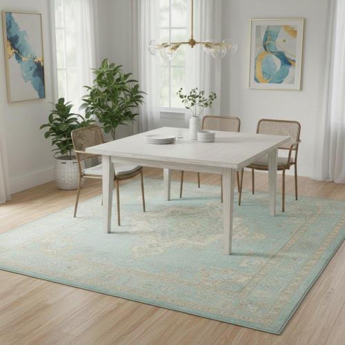 Muted Aqua Blue Floral 8x8 Transitional Oriental Square Rug