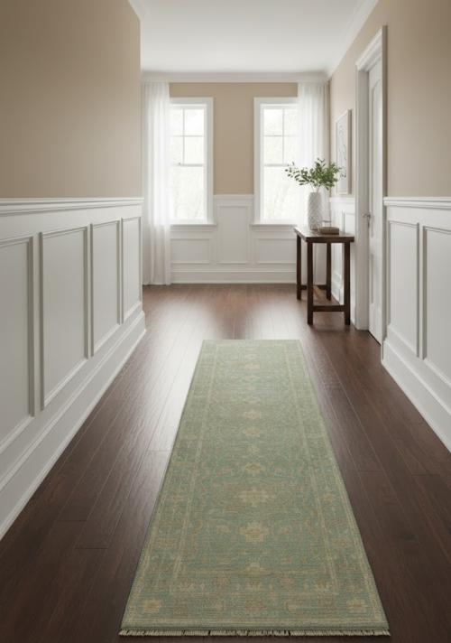 Muted Aqua Blue Floral Transitional 3X10 Oriental Runner Rug