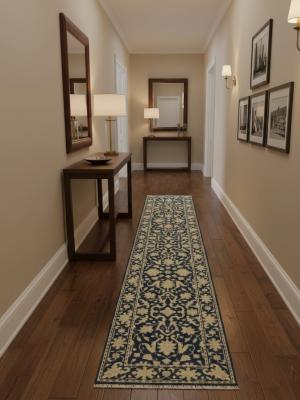 Muted Blue Floral Transitional 3X12 Oriental Runner Rug