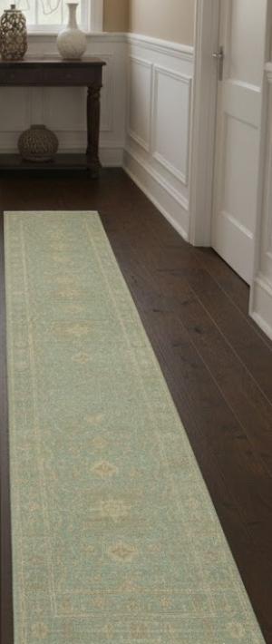 Muted Aqua Blue Floral Transitional 3X12 Oriental Runner Rug