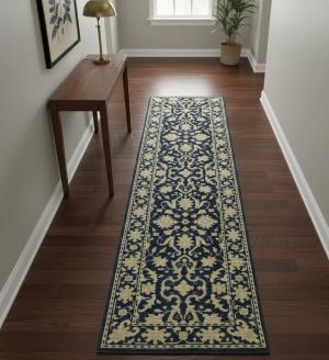 Muted Blue Floral Transitional 3X10 Oriental Runner Rug
