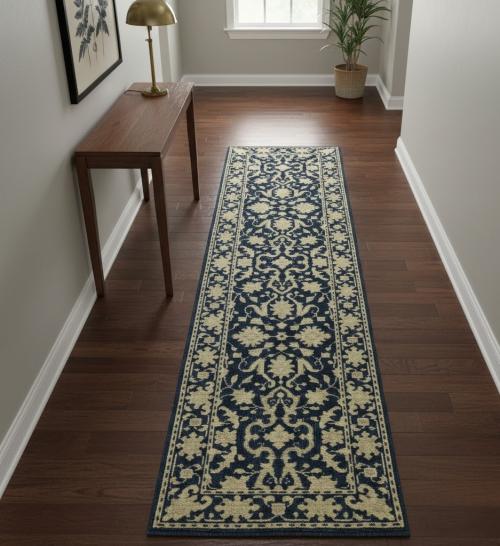 Muted Blue Floral Transitional 3X10 Oriental Runner Rug