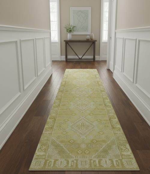 Muted Golden Yellow Floral 3X10 Transitional Oriental Runner Rug