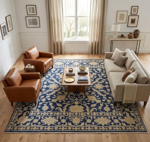 Muted Blue Floral 10x10 Transitional Oriental Square Rug