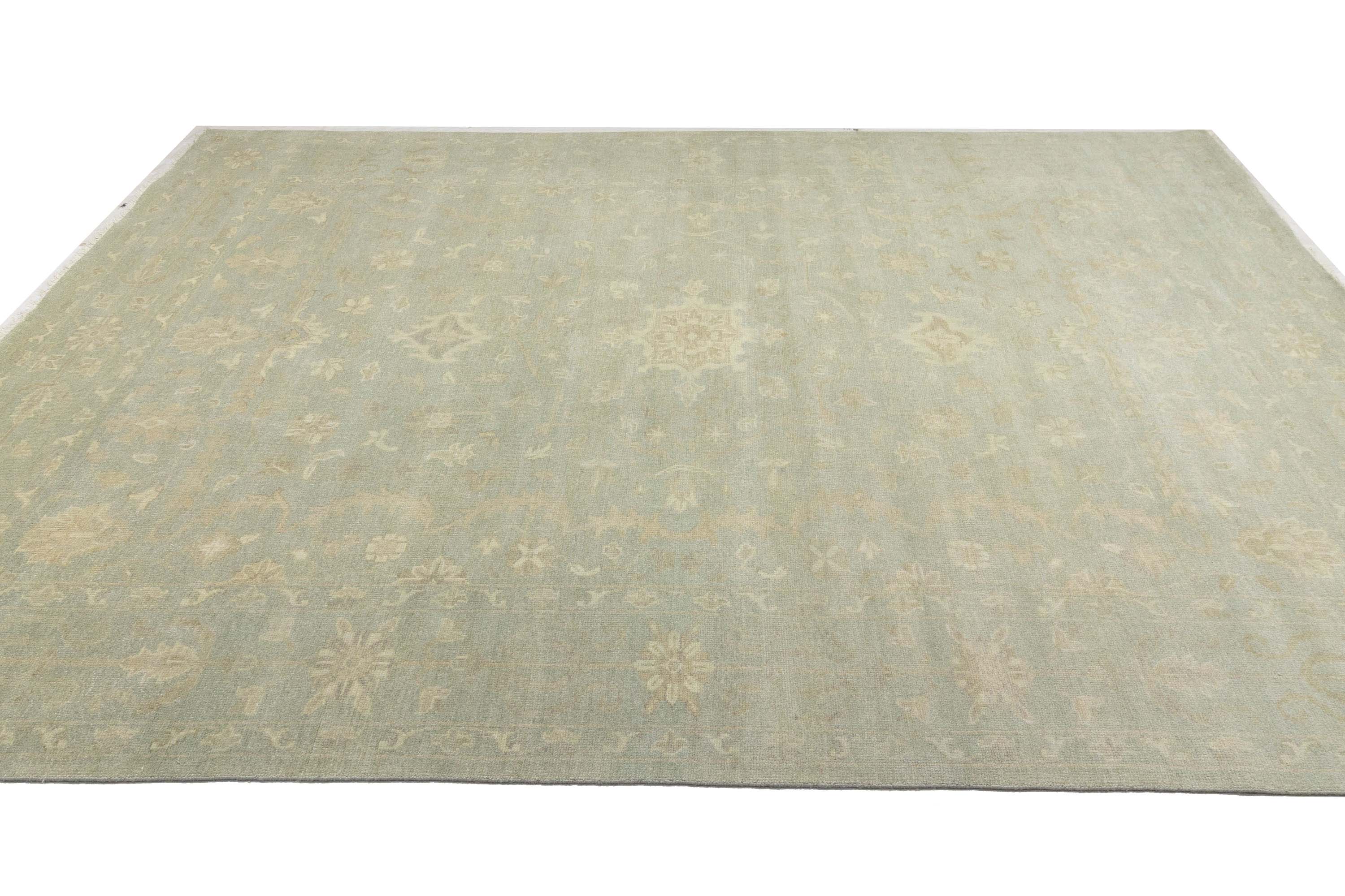 Muted Aqua Blue Floral Transitional 10x14 Oriental Area Rug
