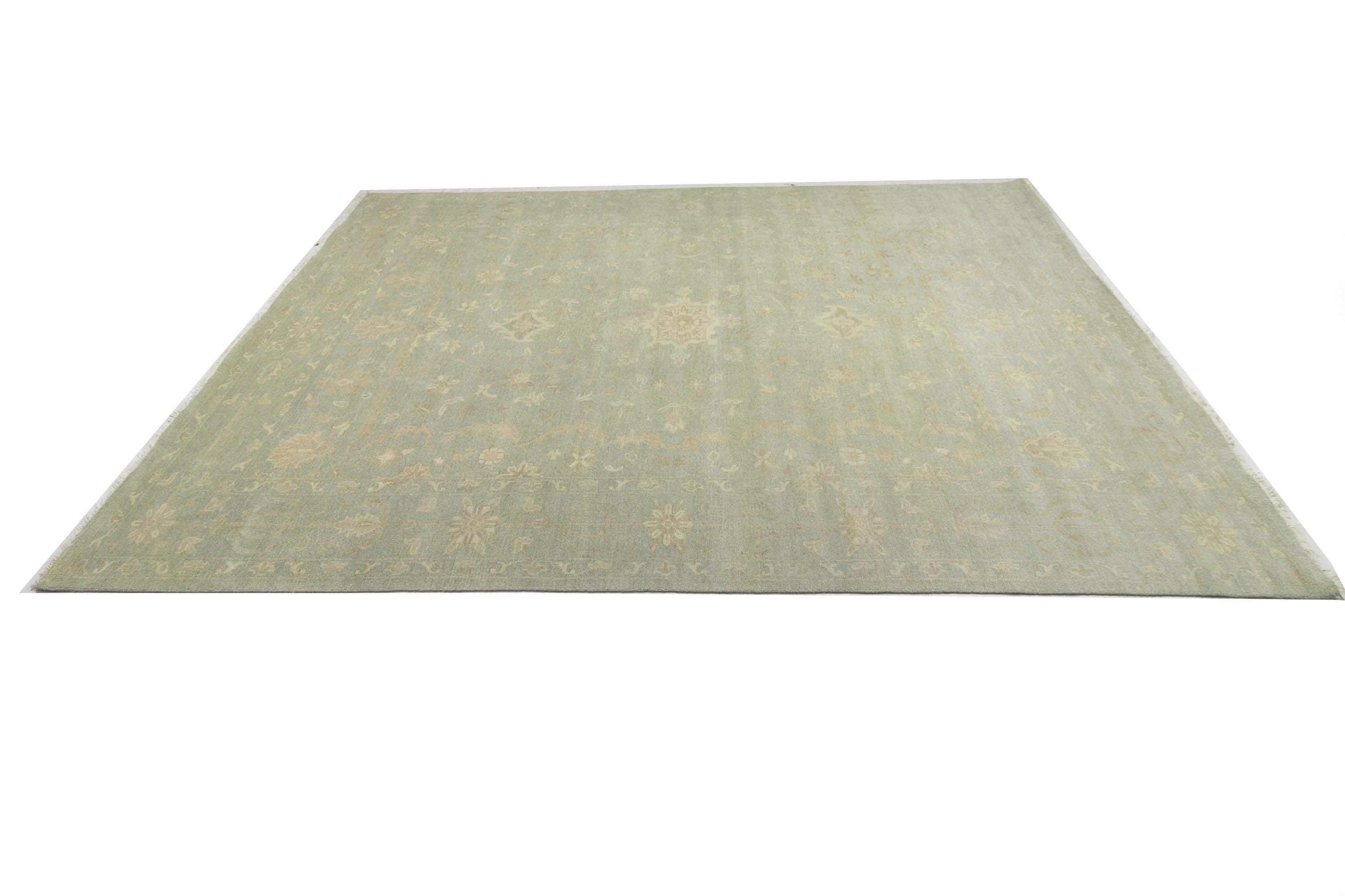 Muted Aqua Blue Floral Transitional 10x14 Oriental Area Rug