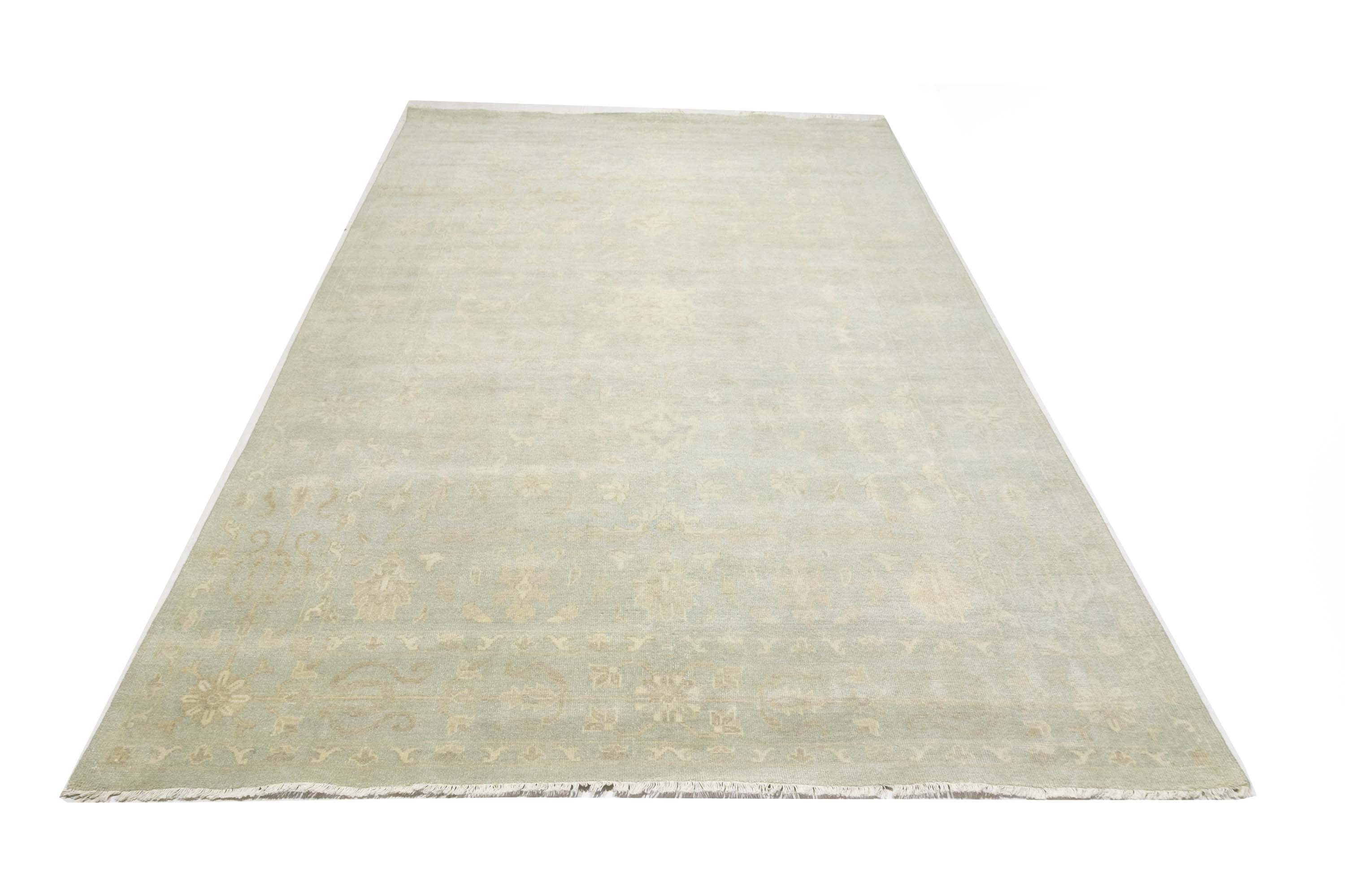 Muted Aqua Blue Floral Transitional 10x14 Oriental Area Rug