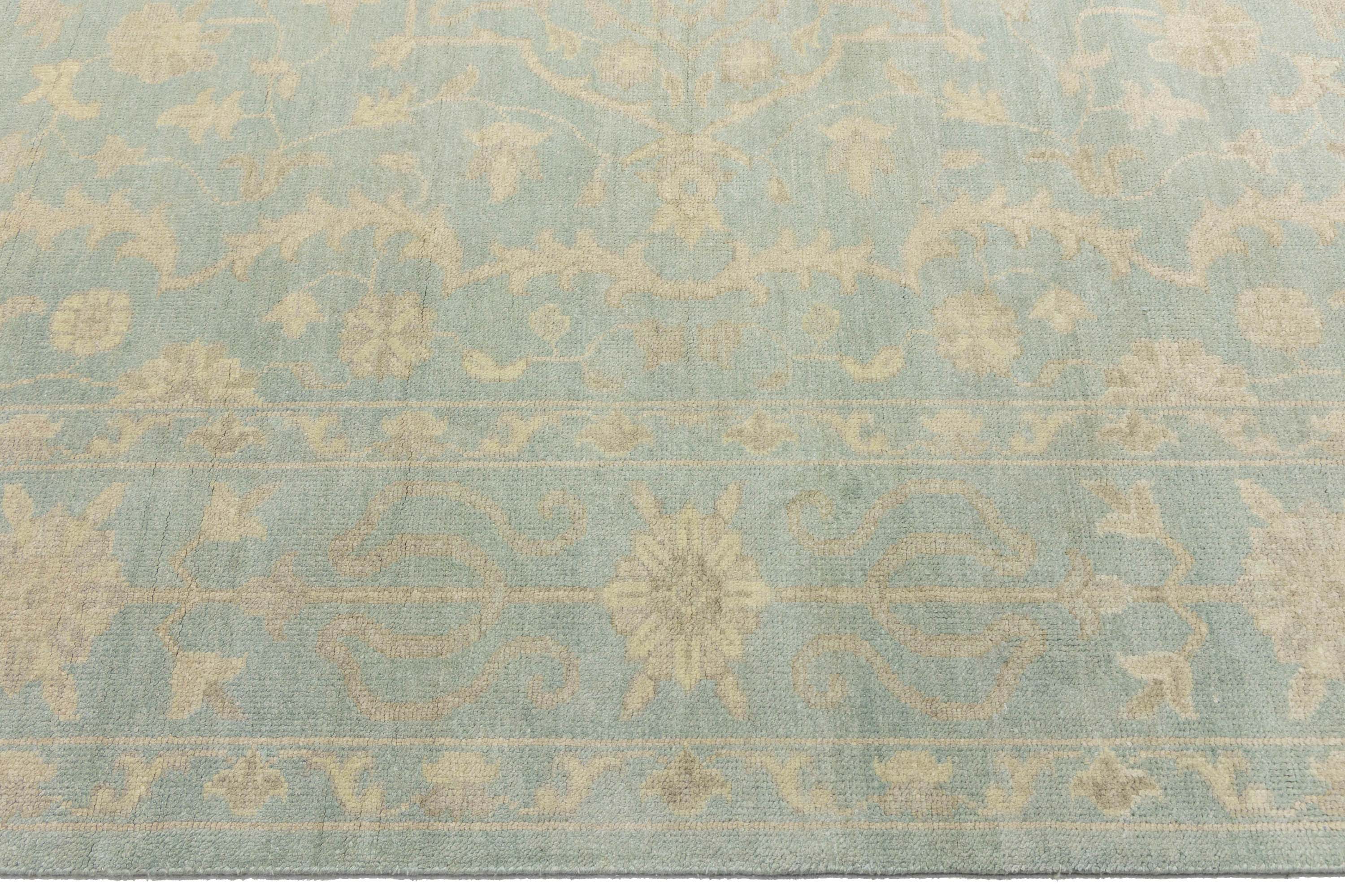 Muted Aqua Blue Floral Transitional 10x14 Oriental Area Rug