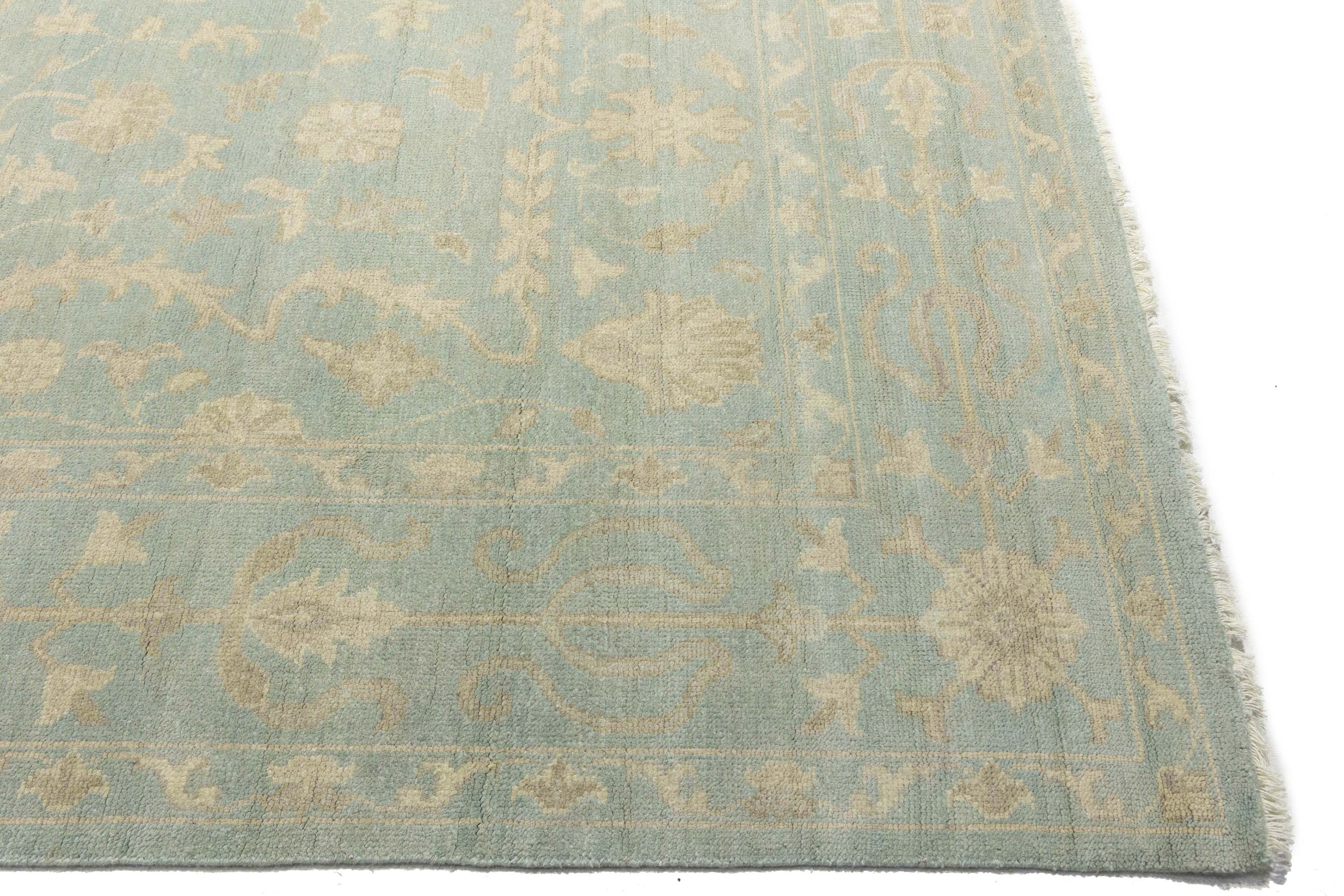 Muted Aqua Blue Floral Transitional 10x14 Oriental Area Rug