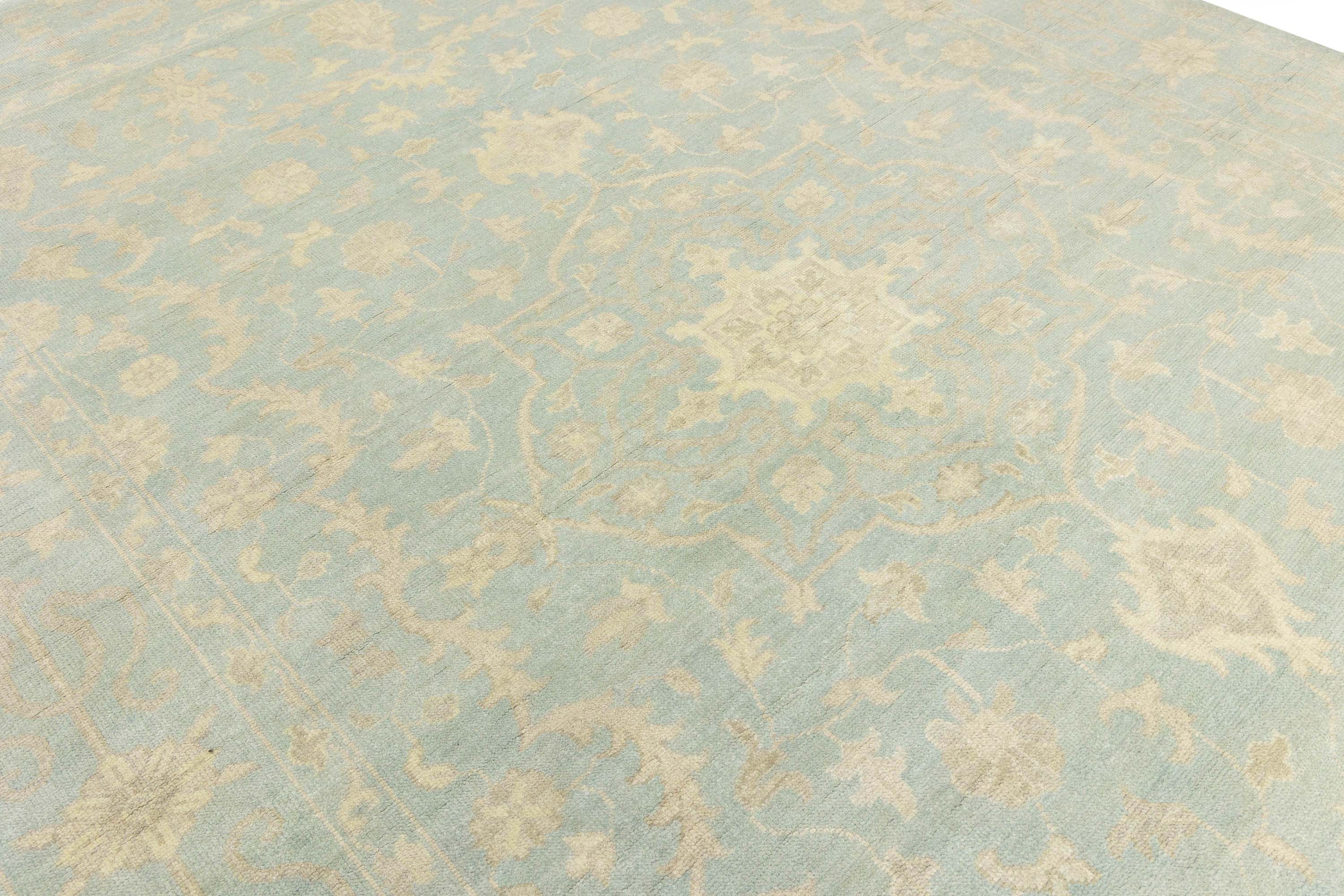 Muted Aqua Blue Floral Transitional 10x14 Oriental Area Rug