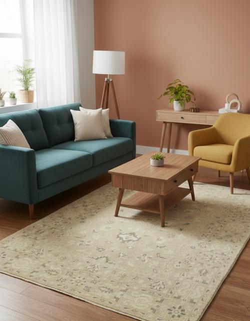 Muted Beige Floral 6x9 Transitional Oriental Area Rug