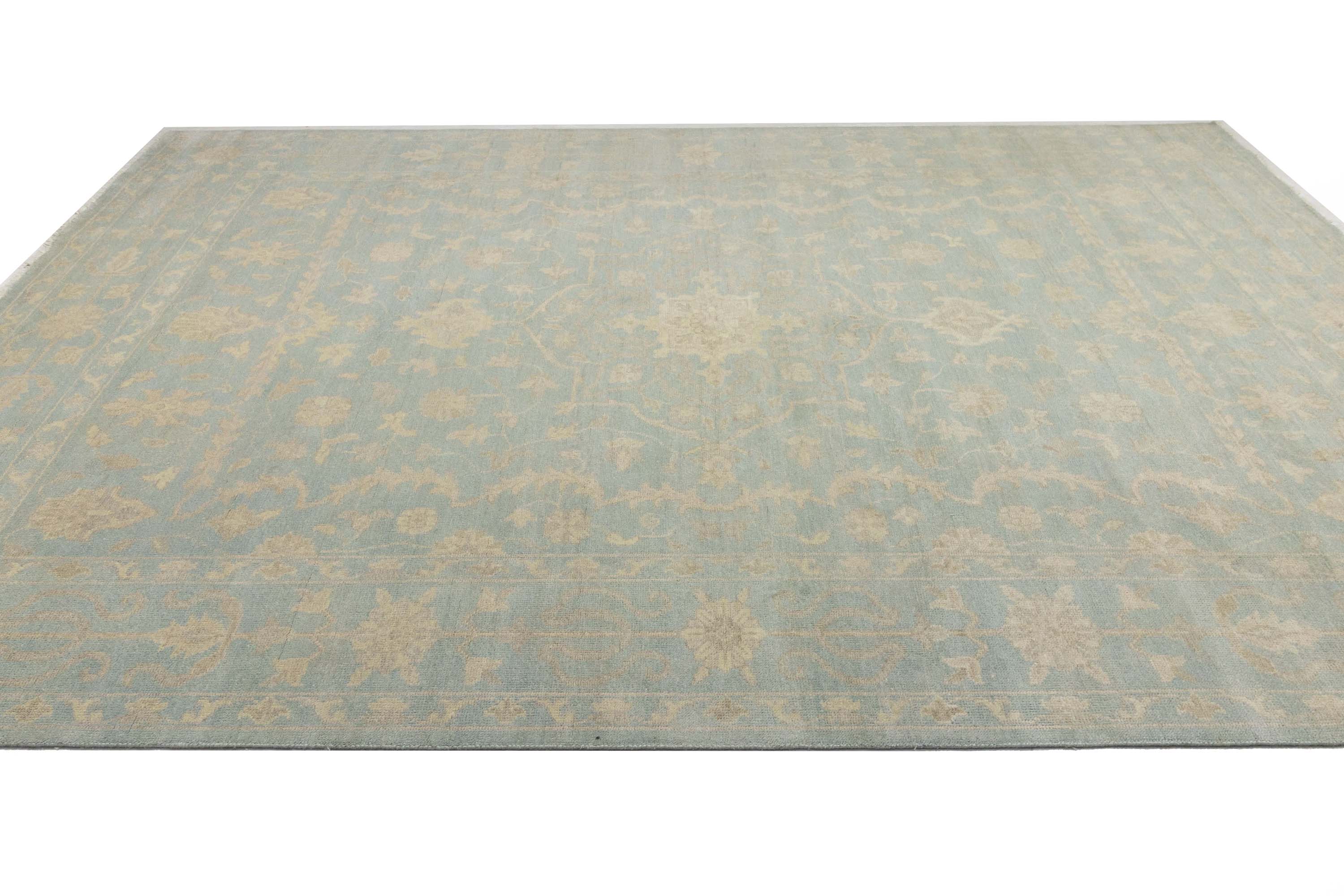 Muted Aqua Blue Floral 10x14Transitional Oriental Rug