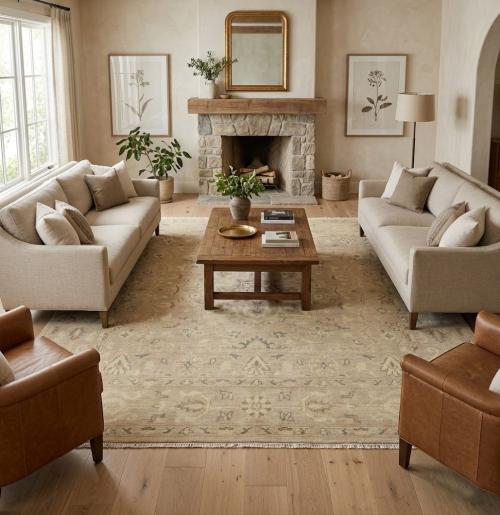 Muted Pinkish Beige Floral 10X10 Transitional Oriental Square Rug