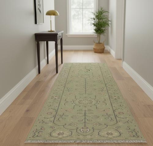 Muted Light Green Floral Transitional 2'6X7'10 Oriental Runner Rug