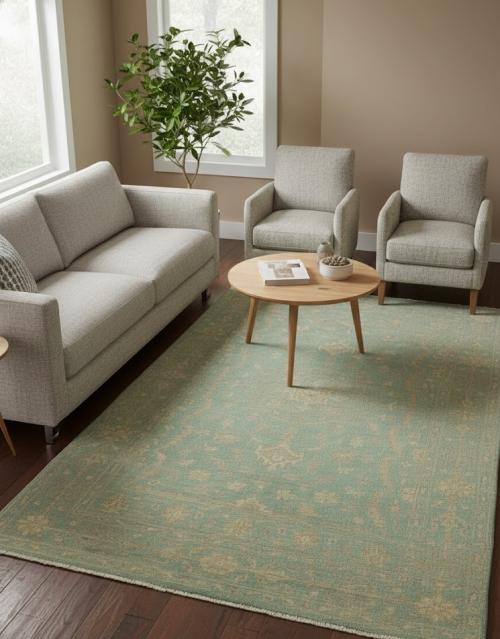 Muted Aqua Blue Floral 5X8 Transitional Oriental Rug