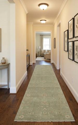 Muted Aqua Green Floral 3x10 Transitional Oriental Runner Rug