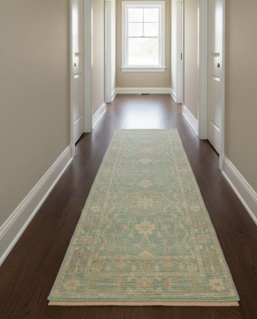 Muted Aqua Blue Floral Transitional 3X8 Oriental Runner Rug