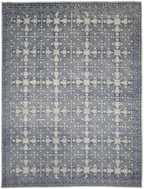 Blue & Cream Geometric 9X12 Modern Oriental Rug