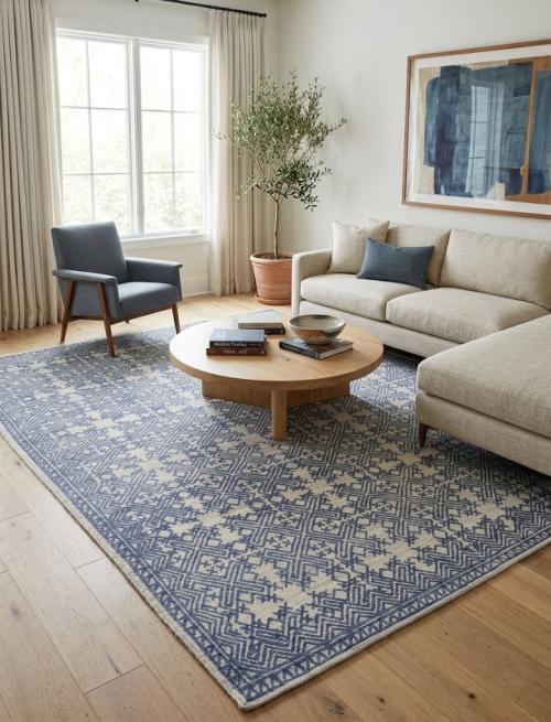 Blue & Cream Geometric 9X12 Modern Oriental Rug