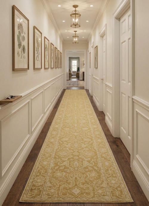 Muted Golden Yellow Floral 3x18 Transitional Oriental Runner Rug