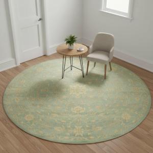 Muted Aqua Blue Floral 8x8 Transitional Oriental Round Rug