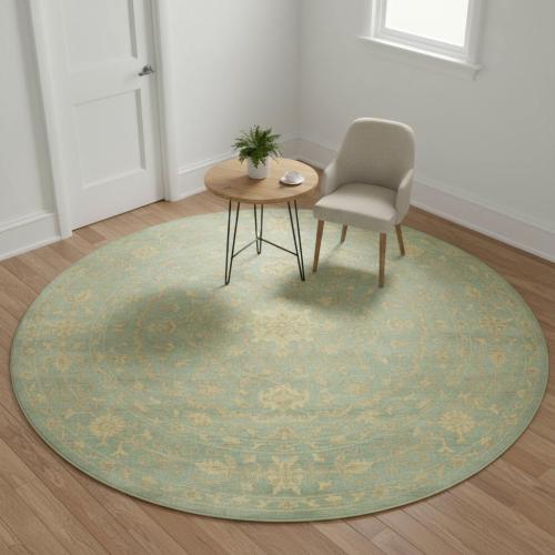 Muted Aqua Blue Floral 8x8 Transitional Oriental Round Rug