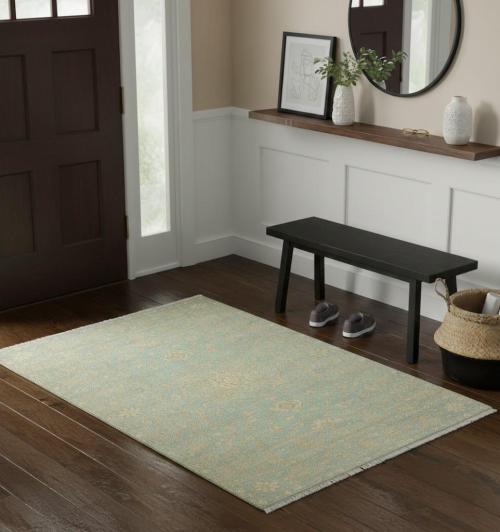 Muted Teal Floral 4x6 Transitional Oriental Area Rug