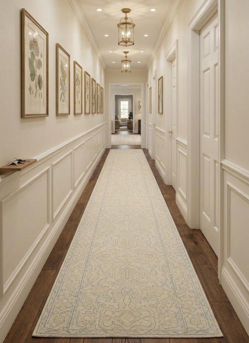 Muted Light Green Floral 2'6X20'4 Transitional Oriental Runner Rug