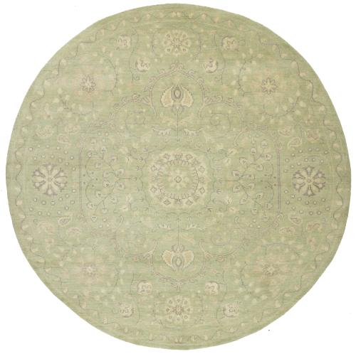 Muted Light Green Floral Transitional 8x8 Oriental Round Rug
