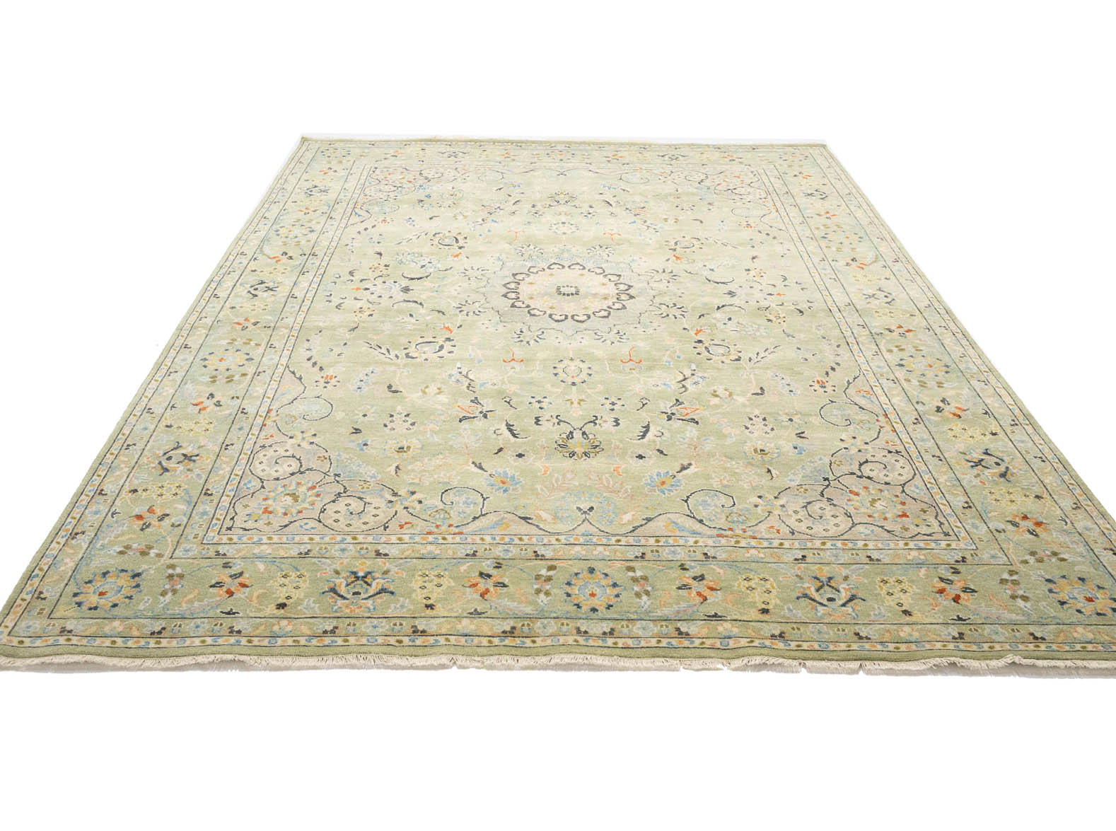 Sage Green Floral Transitional 9x12 Chobi Oriental Rug