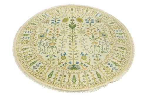 Ivory Floral 8x8 Traditional Chobi Oriental Round Rug