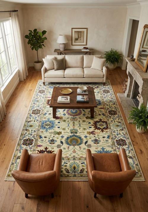 Cream Floral 6X9 Oushak Chobi Oriental Rug
