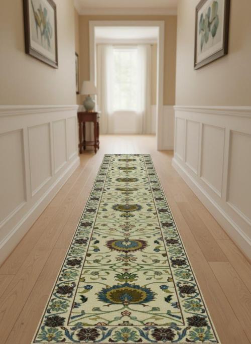 Cream Floral 2x14 Osh Chobi Oriental Runner Rug