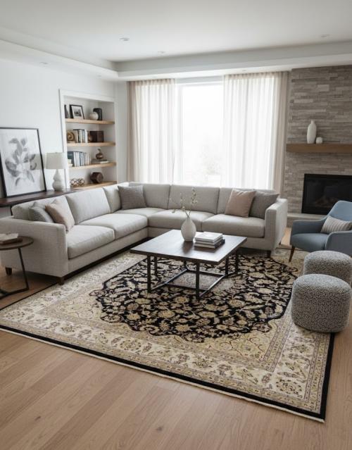 8'10 X 12'4 Hand Knotted Indo-Nain Black Floral Wool Rug