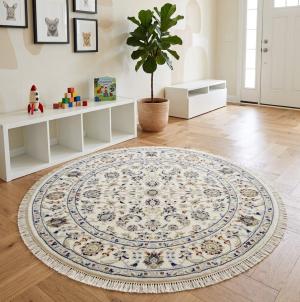 Cream Floral 4x4 Indo-Nain Oriental Round Rug