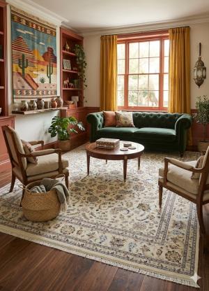 8'8 X 12'2 Hand Knotted Cream Floral Indo-Nain Wool Rug