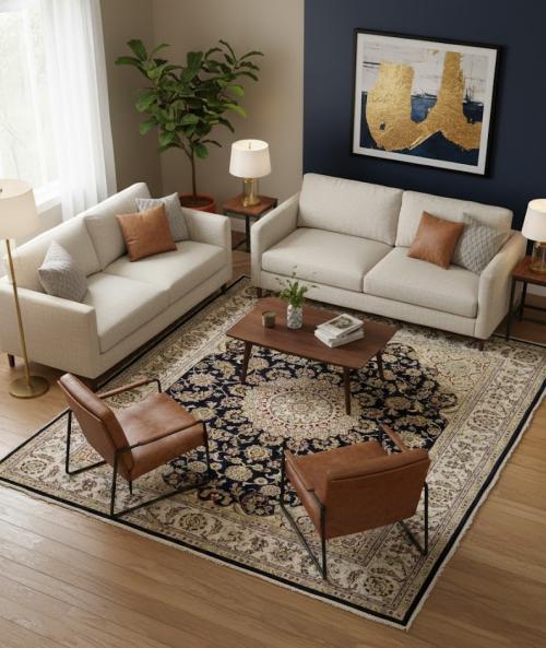 6'1 X 8'9 Hand Knotted Navy & Cream Indo-Nain Oriental Wool Rug