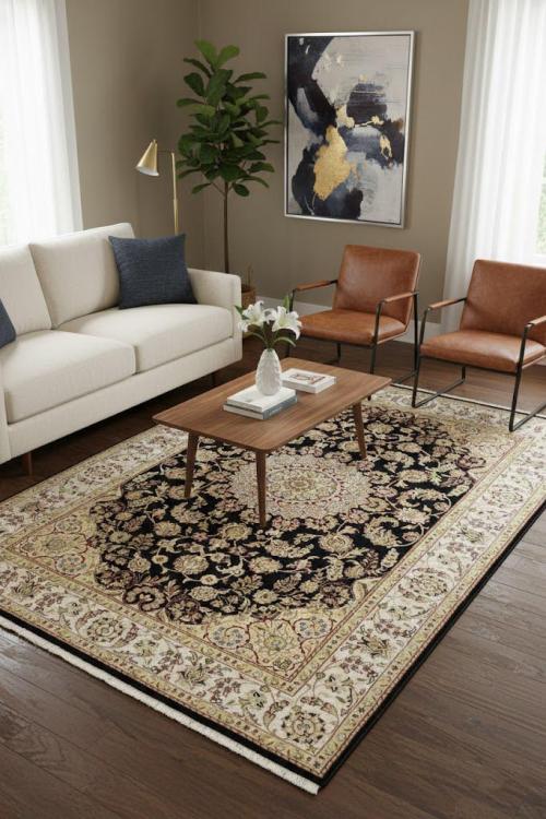 Black Floral 6X9 Indo-Nain Oriental Rug