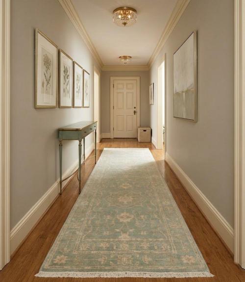 Muted Aqua Blue Floral 3x8 Transitional Oriental Runner Rug