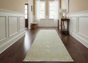 2'7 X 7'10 Floral Hand Knotted Muted Aqua Blue Wool Runner Rug