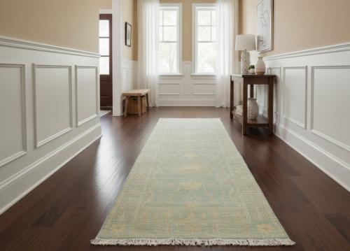 Muted Aqua Blue Floral Transitional 3X8 Oriental Runner Rug