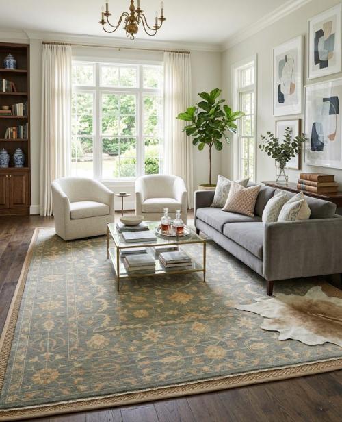 Muted Gray Floral 12x15 Transitional Oriental Area Rug